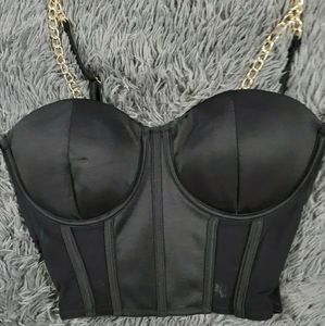 Black, Crop, Corset, Bustier, Top, Chain Staps, L